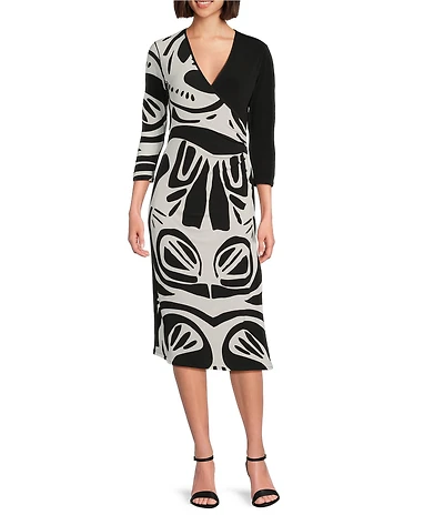 Eva Varro Abstract Print and Solid Combo Knit Jersey V-Neck 3/4 Sleeve Faux-Wrap Midi Dress