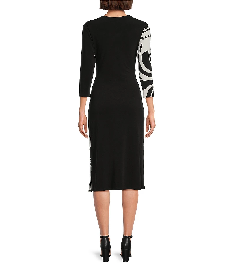 Eva Varro Abstract Print and Solid Combo Knit Jersey V-Neck 3/4 Sleeve Faux-Wrap Midi Dress