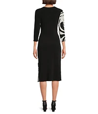 Eva Varro Abstract Print and Solid Combo Knit Jersey V-Neck 3/4 Sleeve Faux-Wrap Midi Dress
