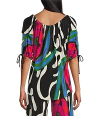 Eva Varro Abstract Print Boat Neck 3/4 Blouson Sleeve Pleated Tie Top
