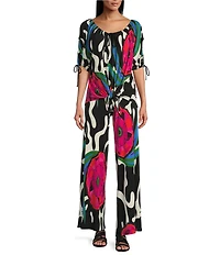 Eva Varro Abstract Print Boat Neck 3/4 Blouson Sleeve Pleated Tie Top
