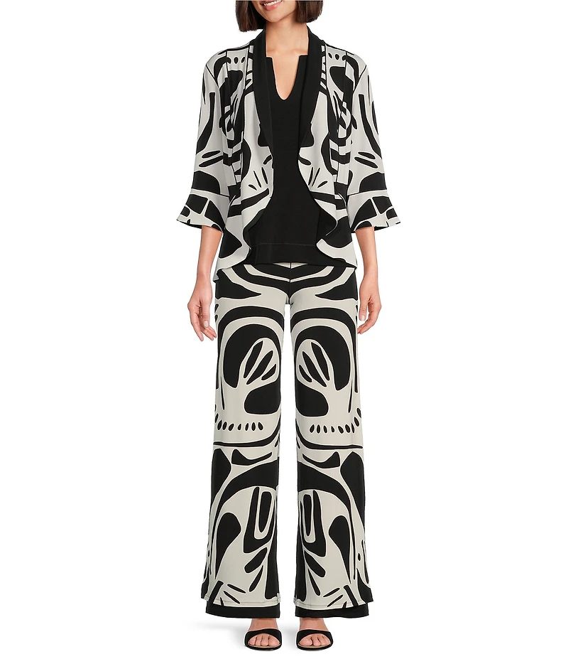 Eva Varro Abstract Print Knit Jersey Shawl Collar 3/4 Sleeve High-Low Peplum Jacket