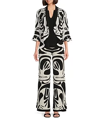 Eva Varro Abstract Print Knit Jersey Shawl Collar 3/4 Sleeve High-Low Peplum Jacket