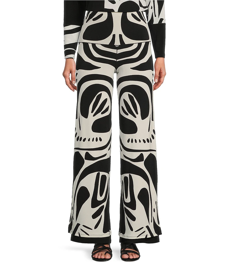 Eva Varro Abstract Print With Solid Layer High Waist Side Slit Straight-Leg Pull-On Pants