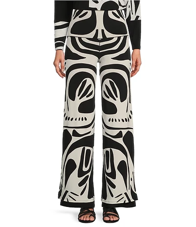 Eva Varro Abstract Print With Solid Layer High Waist Side Slit Straight-Leg Pull-On Pants