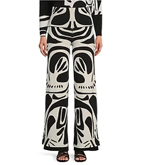 Eva Varro Abstract Print With Solid Layer High Waist Side Slit Straight-Leg Pull-On Pants