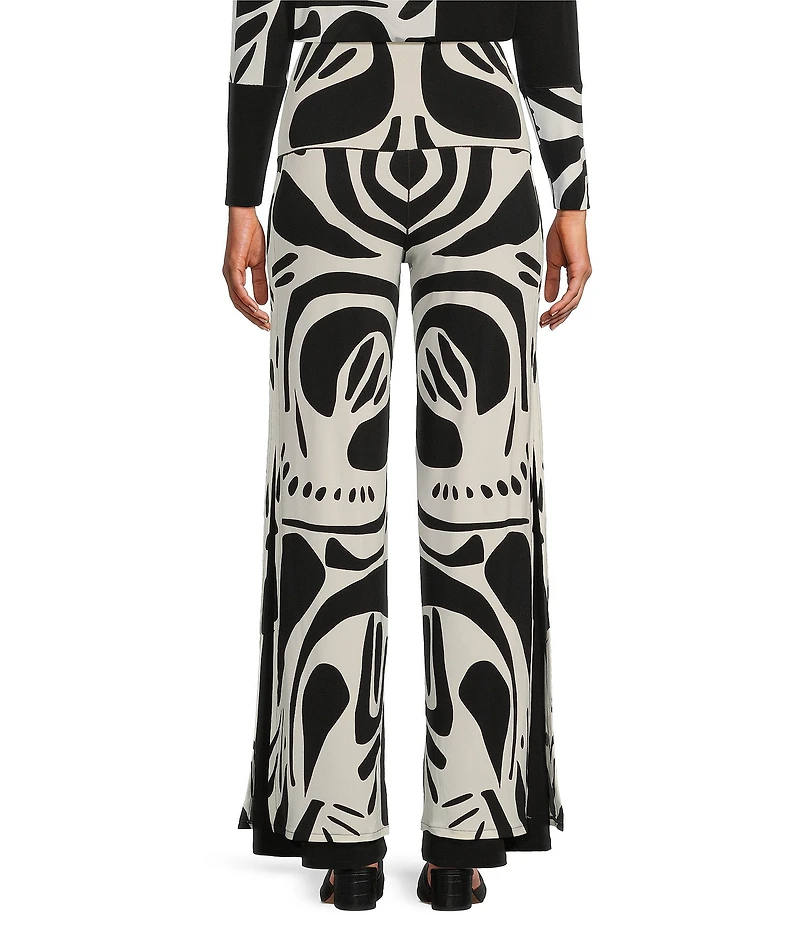 Eva Varro Abstract Print With Solid Layer High Waist Side Slit Straight-Leg Pull-On Pants