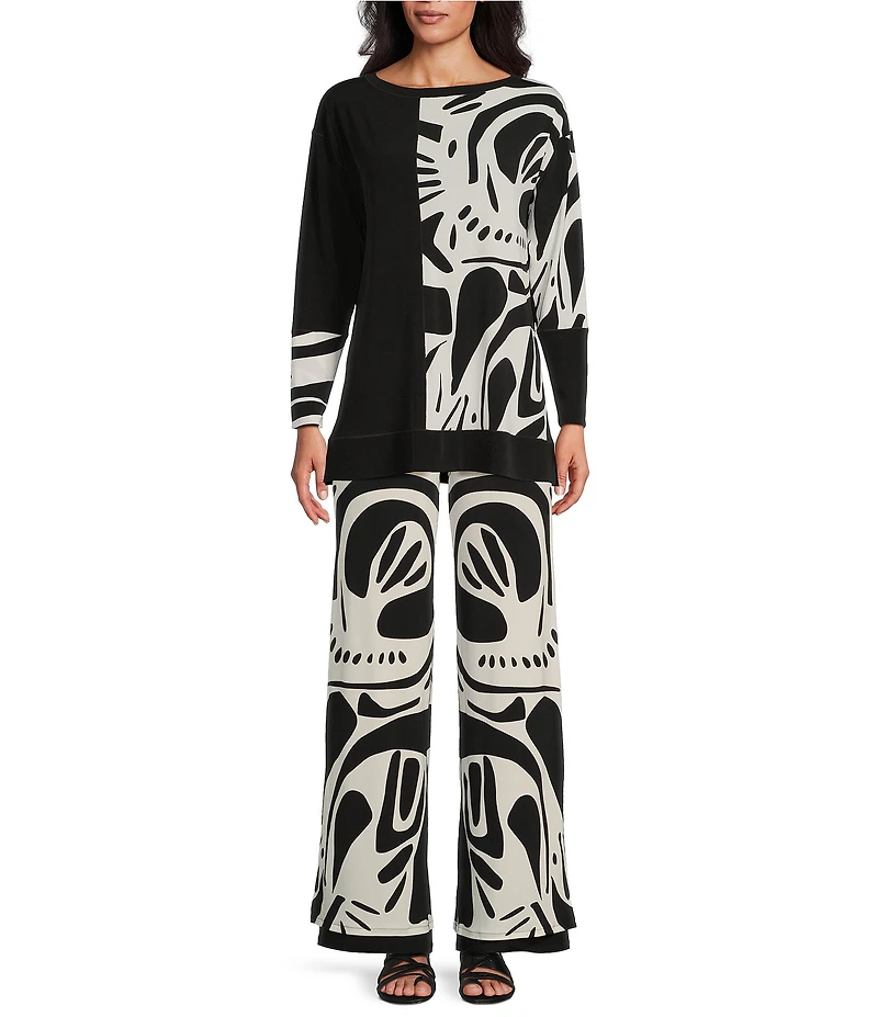 Eva Varro Abstract Print With Solid Layer High Waist Side Slit Straight-Leg Pull-On Pants
