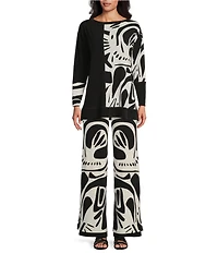 Eva Varro Abstract Print With Solid Layer High Waist Side Slit Straight-Leg Pull-On Pants