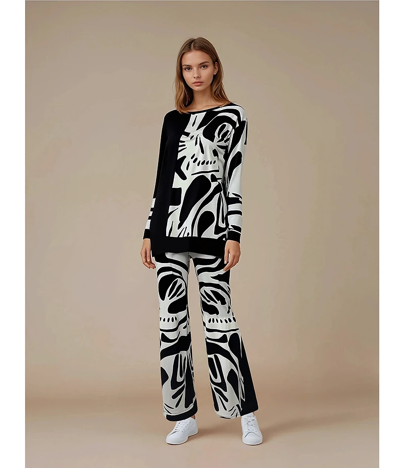 Eva Varro Abstract Print With Solid Layer High Waist Side Slit Straight-Leg Pull-On Pants