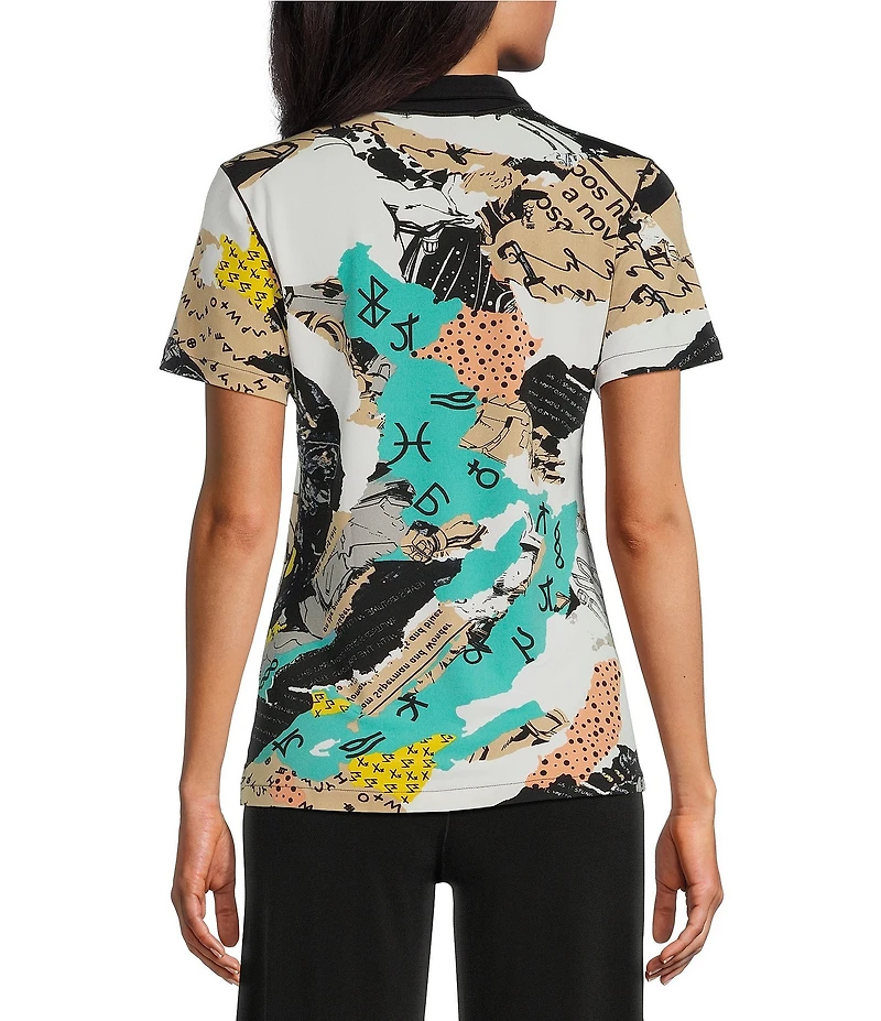 Eva Varro Active Sport Knit Abstract Print Henley Collar Short Sleeve Polo Shirt