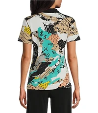 Eva Varro Active Sport Knit Abstract Print Henley Collar Short Sleeve Polo Shirt