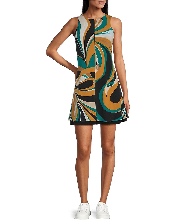Eva Varro Active Sport Knit Abstract Print Scoop Neck Sleeveless A-Line Dress