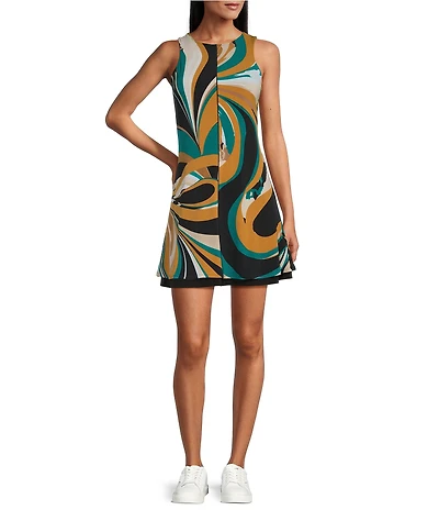 Eva Varro Active Sport Knit Abstract Print Scoop Neck Sleeveless A-Line Dress