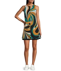 Eva Varro Active Sport Knit Abstract Print Scoop Neck Sleeveless A-Line Dress