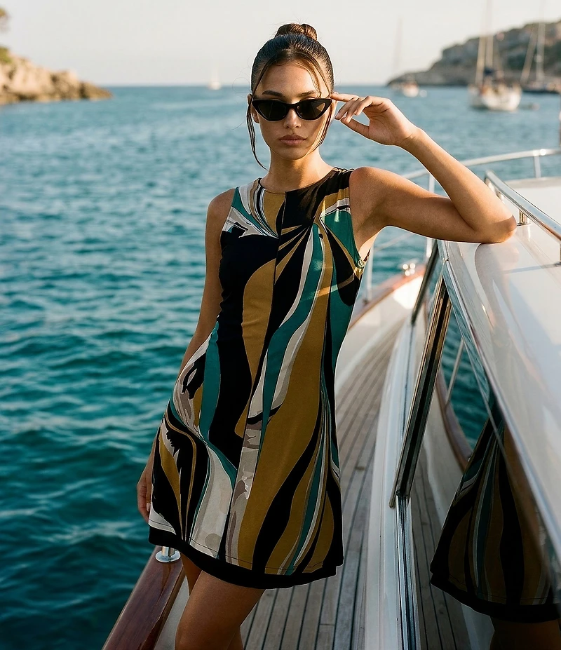 Eva Varro Active Sport Knit Abstract Print Scoop Neck Sleeveless A-Line Dress