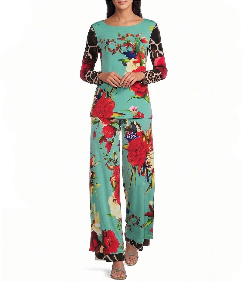 Eva Varro Amanda Combo Print Layered Side Slit Palazzo Coordinating Pants