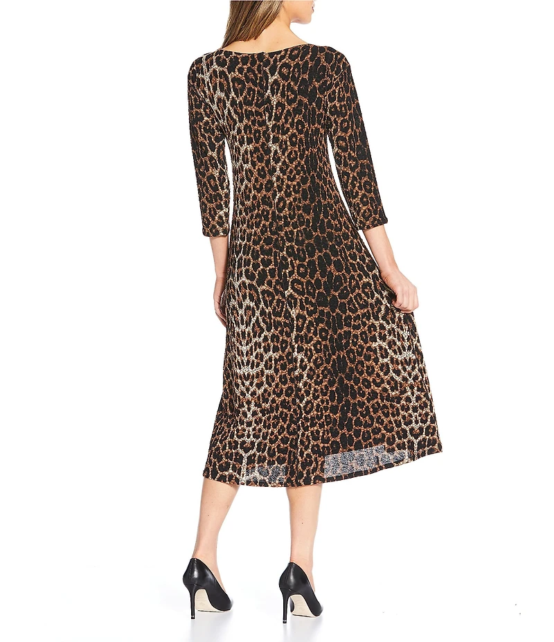 Eva Varro Animal Print Boat Neck 3/4 Sleeve Side Grommet Midi Dress