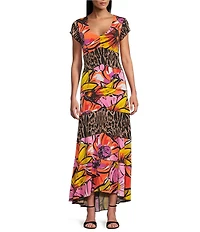 Eva Varro Animal Tulip Floral Mix Print Scoop Neck Cap Sleeve Six Tier Maxi Dress