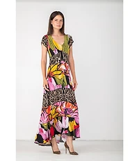 Eva Varro Animal Tulip Floral Mix Print Scoop Neck Cap Sleeve Six Tier Maxi Dress