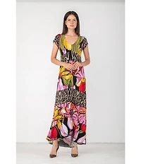 Eva Varro Animal Tulip Floral Mix Print Scoop Neck Cap Sleeve Six Tier Maxi Dress