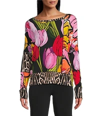 Eva Varro Animal Tulip Floral Print Boat Neck Long Sleeve Top