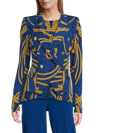 Eva Varro Art Deco Print Double Breasted Peak Lapel Long Sleeve Asymmetrical Short Jacket
