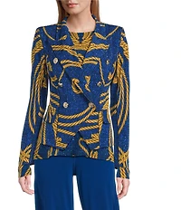 Eva Varro Art Deco Print Double Breasted Peak Lapel Long Sleeve Asymmetrical Short Jacket