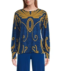 Eva Varro Art Deco Printed Brioni Knit Round Neck Long Blouson Sleeve Top