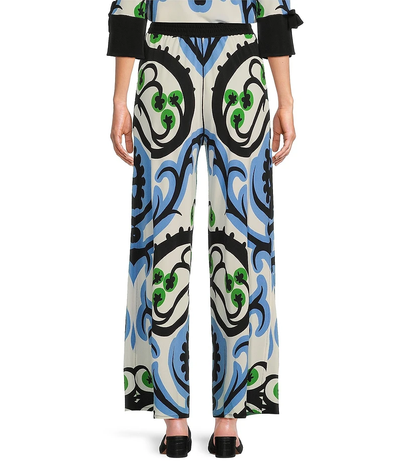 Eva Varro Baroque Print Knit Jersey Drawstring Elastic Waist Straight Leg Pants