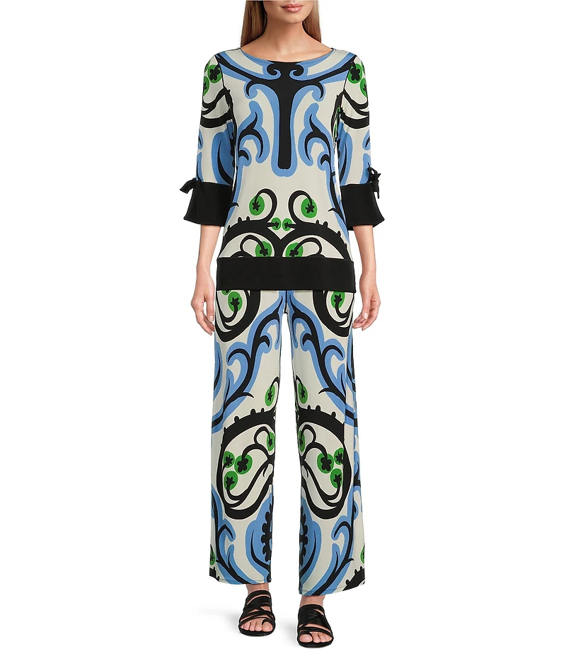 Eva Varro Baroque Print Knit Jersey Drawstring Elastic Waist Straight Leg Pants