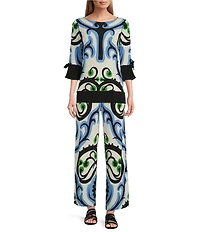 Eva Varro Baroque Print Knit Jersey Drawstring Elastic Waist Straight Leg Pants