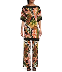 Eva Varro Border Block Printed Boat Neck Elbow Sleeve Coordinating Tunic