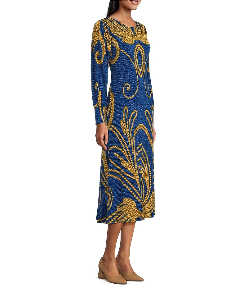 Eva Varro Brioni Art Deco Placement Print Round Neck Long Bishop Sleeve A-Line Maxi Dress