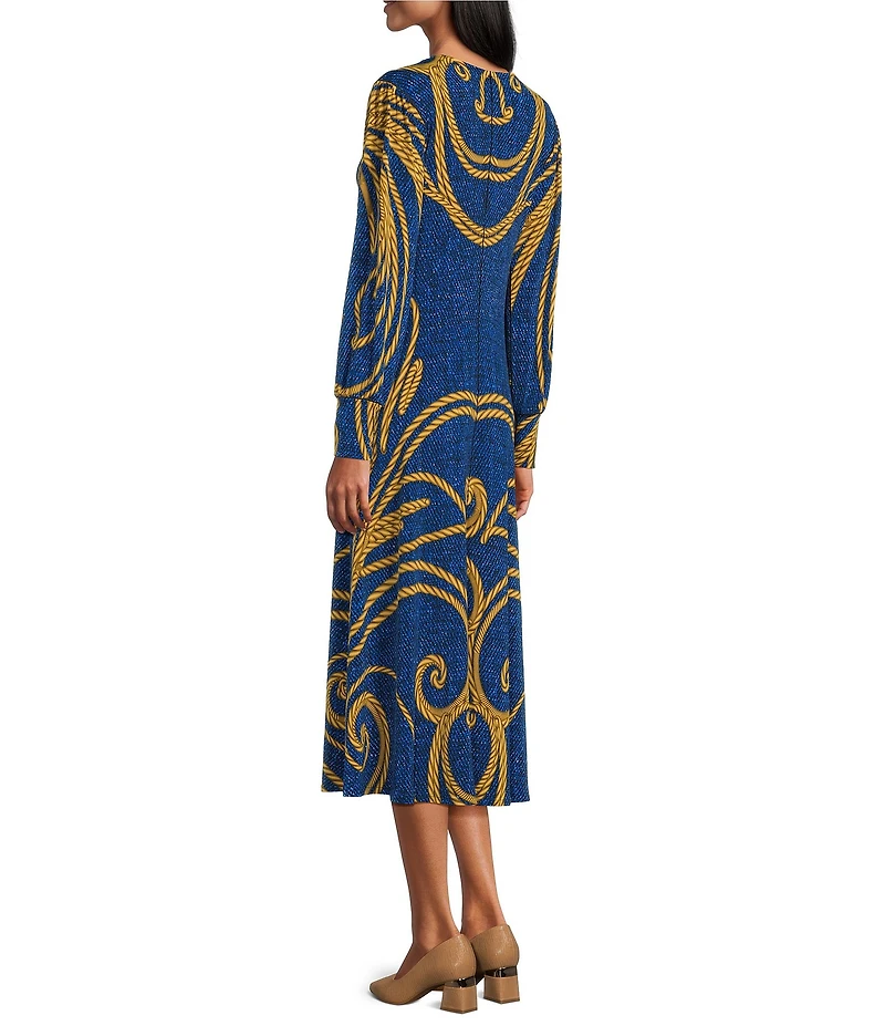 Eva Varro Brioni Art Deco Placement Print Round Neck Long Bishop Sleeve A-Line Maxi Dress