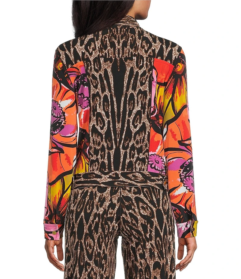 Eva Varro Coordinating Abstract Animal Floral Print Notch Collar Long Sleeve Short Jean Jacket