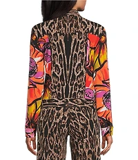 Eva Varro Coordinating Abstract Animal Floral Print Notch Collar Long Sleeve Short Jean Jacket