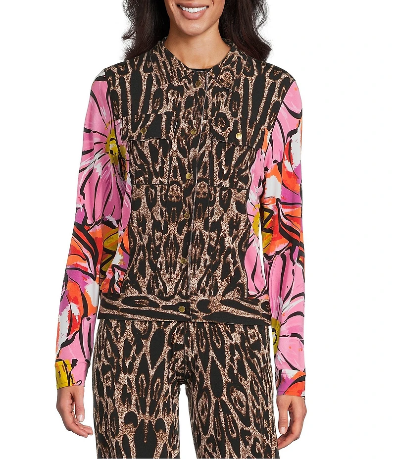 Eva Varro Coordinating Abstract Animal Floral Print Notch Collar Long Sleeve Short Jean Jacket