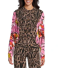 Eva Varro Coordinating Abstract Animal Floral Print Notch Collar Long Sleeve Short Jean Jacket