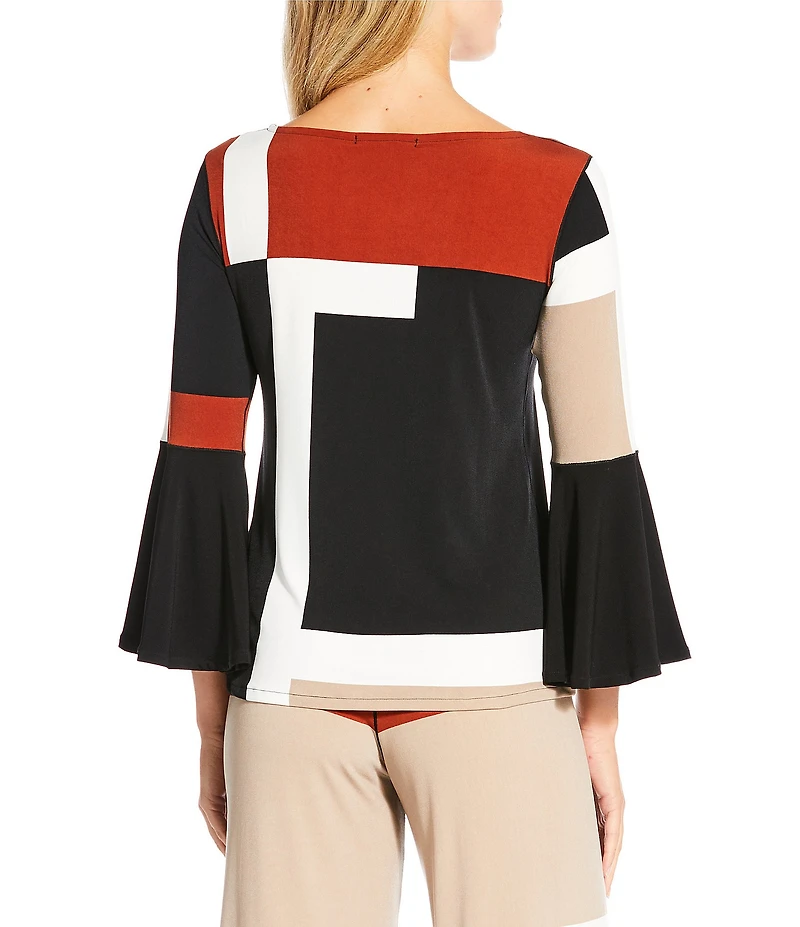 Eva Varro Coordinating Colorblock Boat Neck Long Flared Bell Sleeve Top