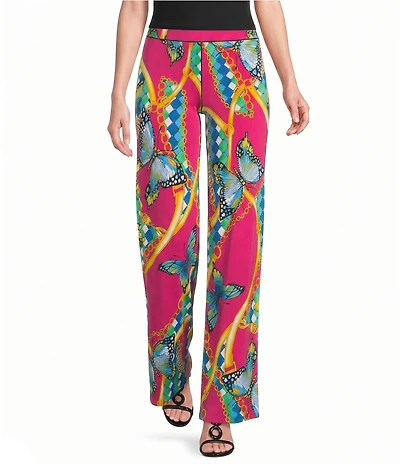 Eva Varro Coordinating Knit Jersey Butterflies Ornamental Shape Print Pull-On Straight Leg Pants