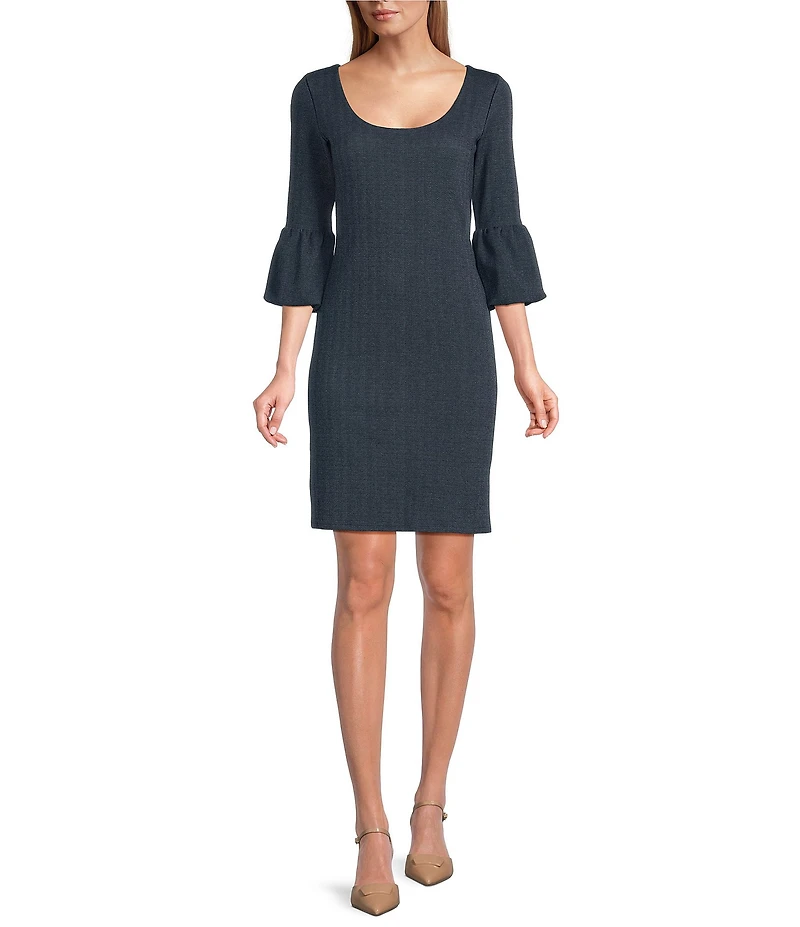 Eva Varro Denim Jersey Knit Scoop Neck 3/4 Bell Sleeve Dress