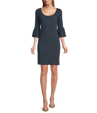 Eva Varro Denim Jersey Knit Scoop Neck 3/4 Bell Sleeve Dress