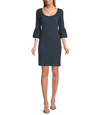 Eva Varro Denim Jersey Knit Scoop Neck 3/4 Bell Sleeve Dress