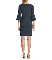 Eva Varro Denim Jersey Knit Scoop Neck 3/4 Bell Sleeve Dress