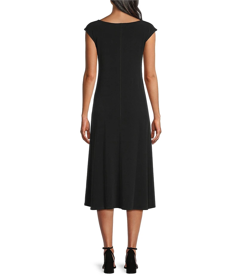 Eva Varro Double Layer Floral Motif Boat Neck Cap Sleeve Grommet A-Line Midi Dress