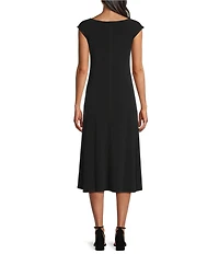 Eva Varro Double Layer Floral Motif Boat Neck Cap Sleeve Grommet A-Line Midi Dress