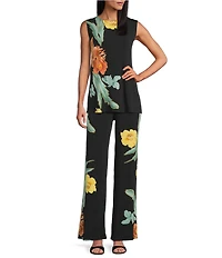 Eva Varro Coordinating Floral Motif Flat Front Wide Leg Pull-On Pants