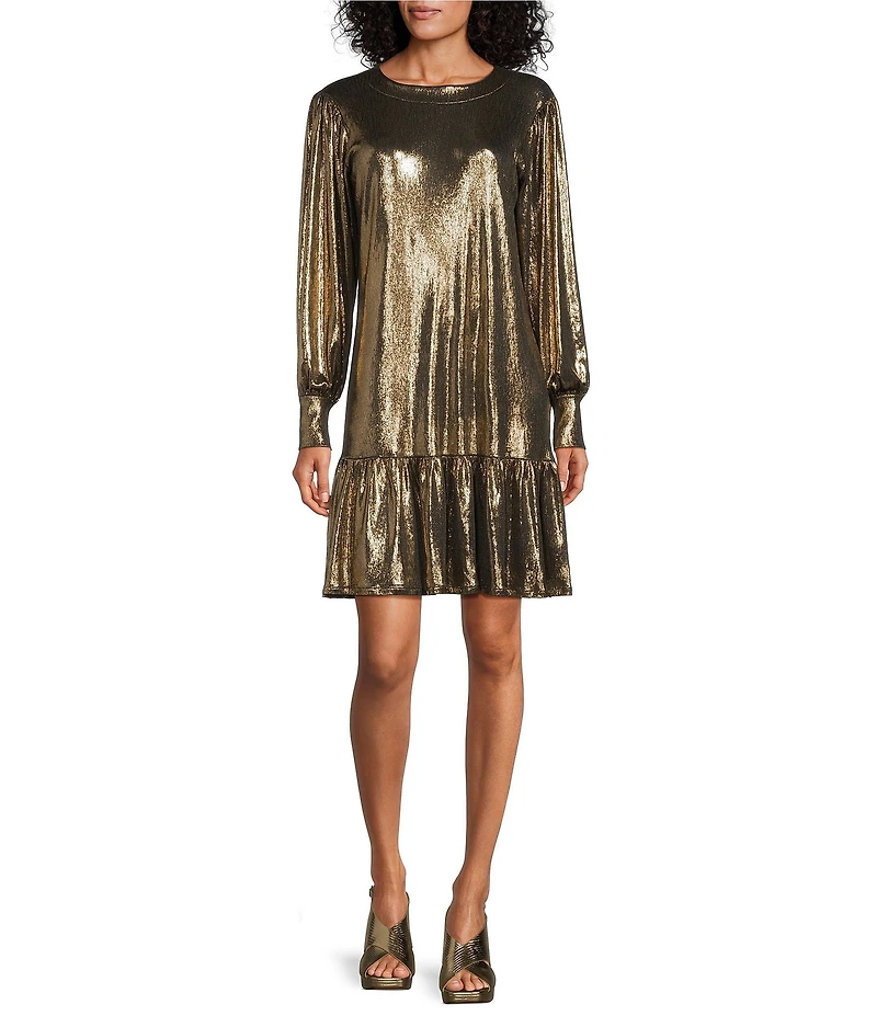 Eva Varro Gold Lame Crew Neck Long Sleeve Button Cuff Dress