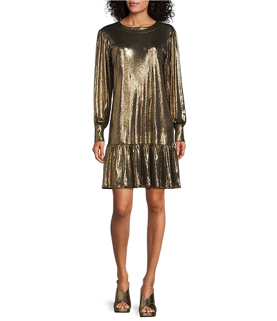 Eva Varro Gold Lame Crew Neck Long Sleeve Button Cuff Dress